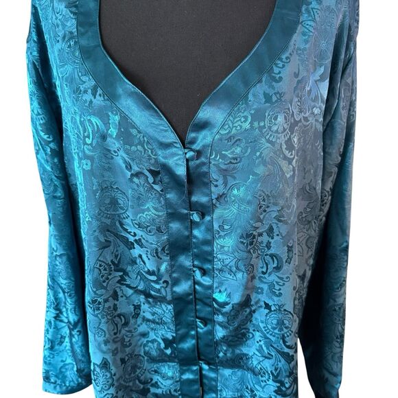 VTG 80's‎ VICTORIAS SECRET  Blue Teal  FLORAL JACQUARD NIGHTSHIRT NIGHTGOWN SZ L - Picture 6 of 8